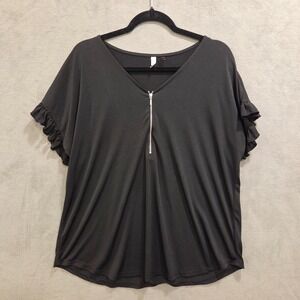 NY Collection Zipper V Neck Top Women's Size 2X Ruffle Sleeve Stretch Slinky